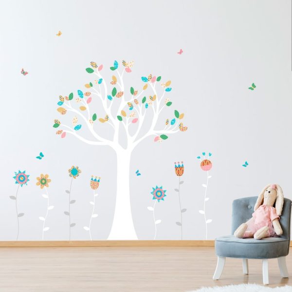 Vinilo infantil de árbol blanco con hojas