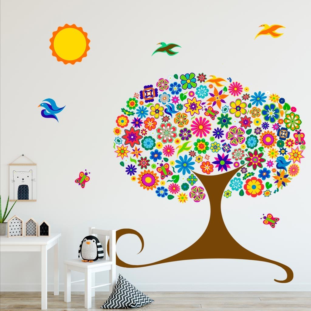 Vinilo infantil de árbol multicolor con mariposas